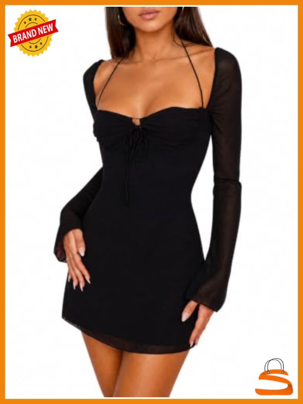 Women's Square Neck Mesh Puff Sleeve Bodycon Mini Dress